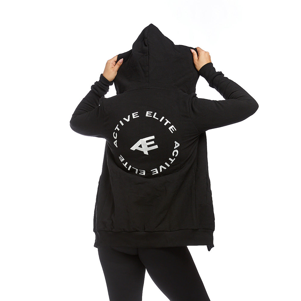 Back view of a black hooded jacket with the Active Elite logo in bold white text, showcasing a stylish and functional athleisure design with deep pockets and a practical hood for all-season wear.
