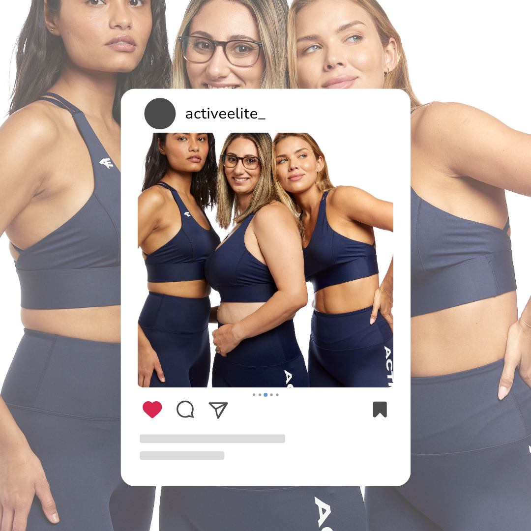 A social media post featuring a trio of confident women dressed in matching navy blue Active Elite activewear, standing strong and united.