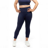 A front view of the navy high-waisted leggings, emphasizing the sleek, form-fitting style.