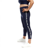 A side view of leggings, showing the bold "ACTIVE ELITE" logo running down the leg.