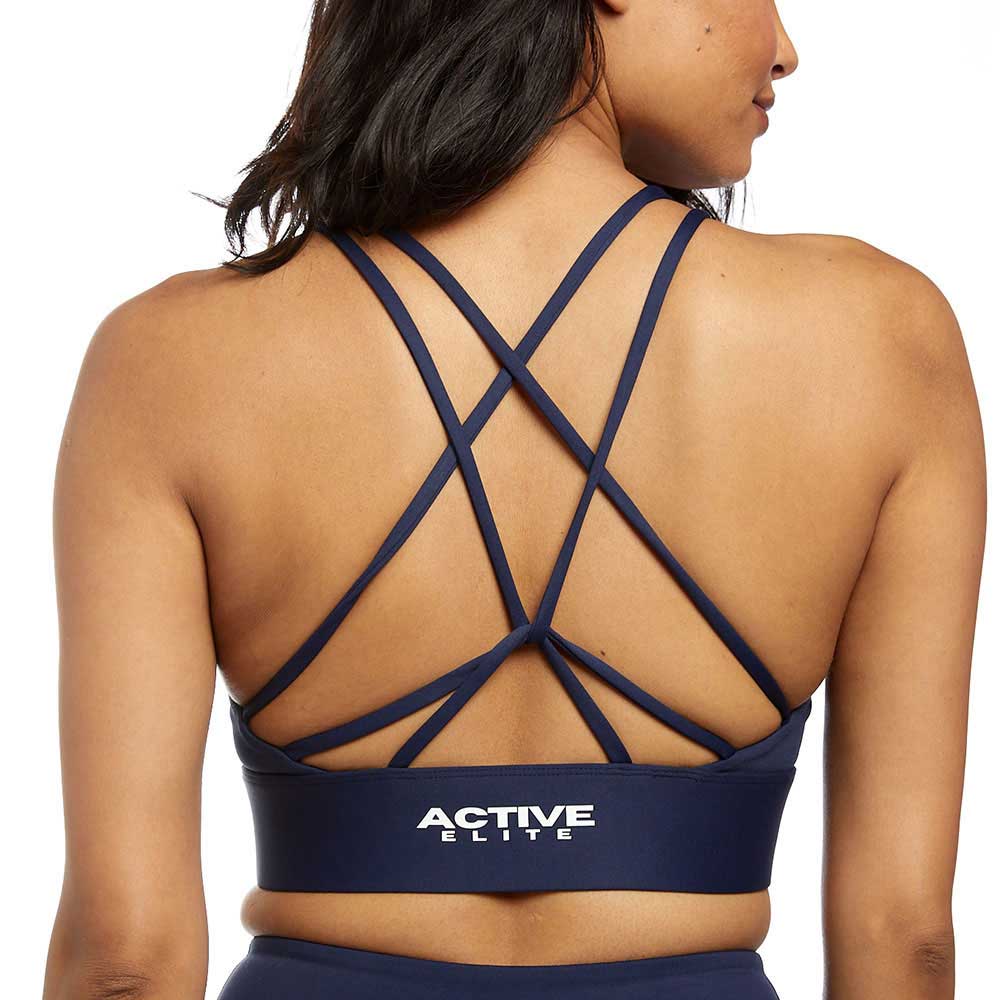 A back view of a sports bra with crisscross straps, showcasing the supportive and stylish design.