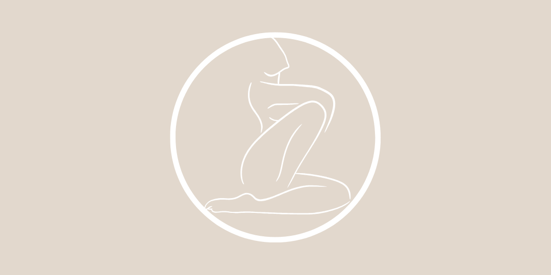 Minimalist line drawing of a person sitting in a circle on a beige background