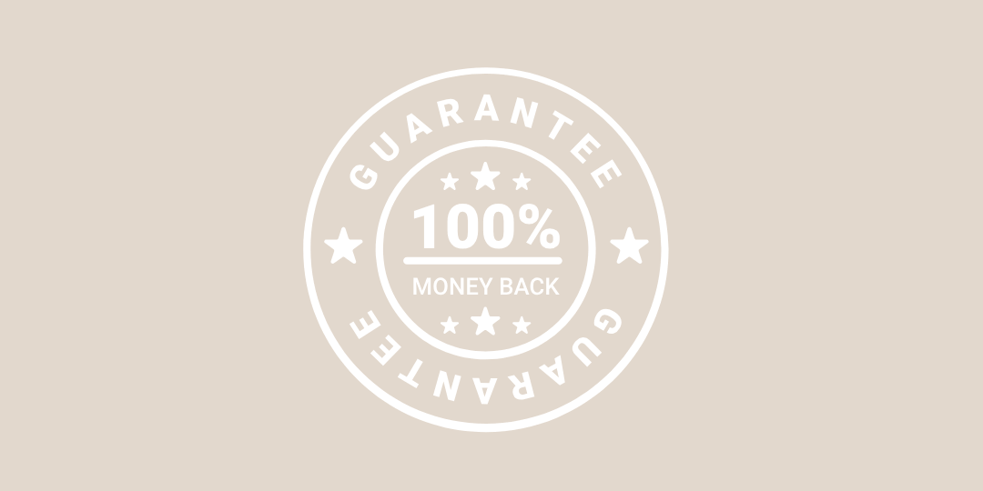 100% money-back guarantee stamp on a beige background